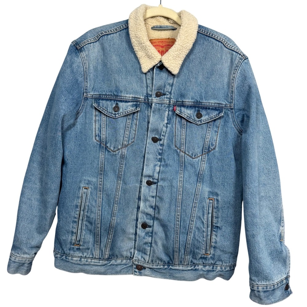 Levi Strauss Men XL Sherpa Lined Light Wash‎ Denim Trucker Jacket Grunge Rugged